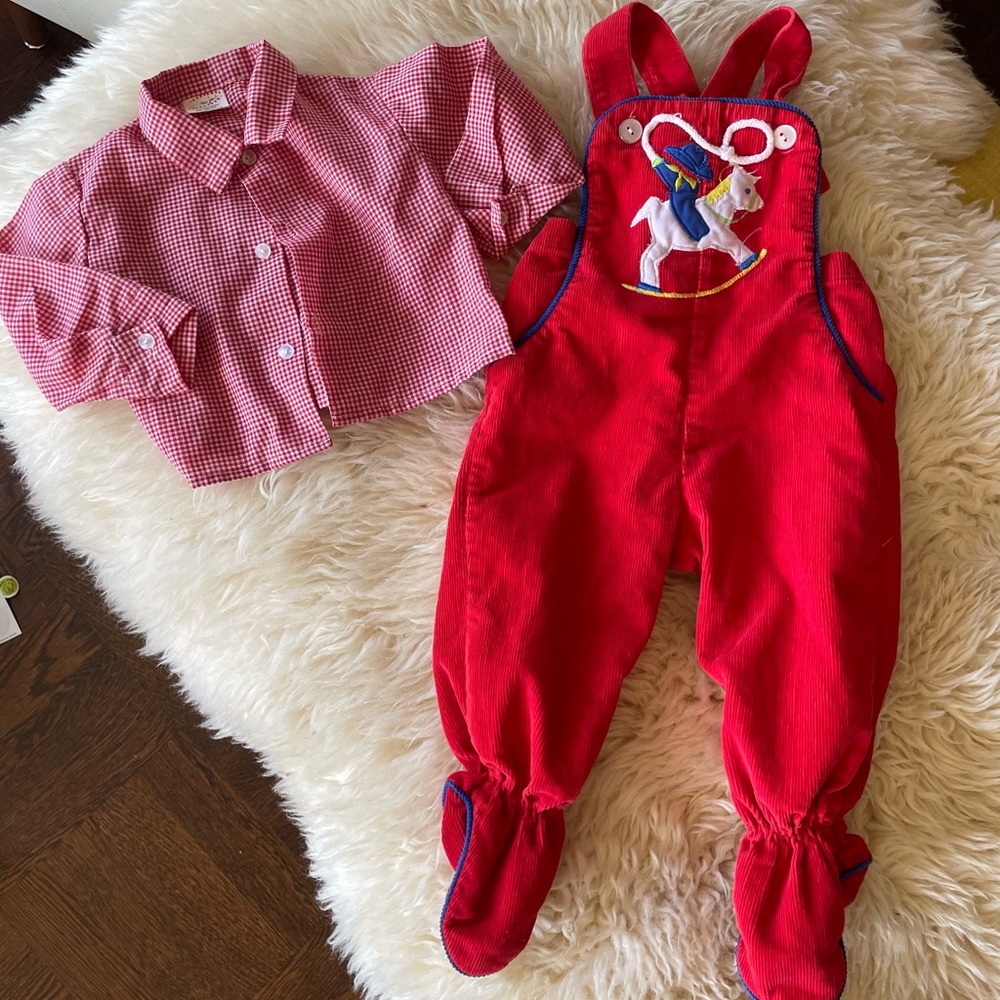Vintage red footed corduroy overalls Rockinghorse /cowboy appliqué gingham shirt
